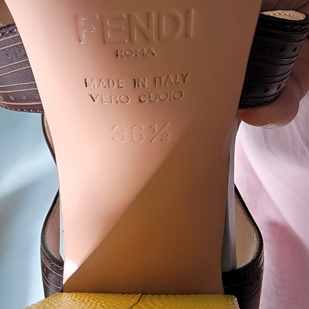 FENDI Chameleon Brown Leather Yellow Heel Mary Jane Platform Shoes - Picture 8 of 9